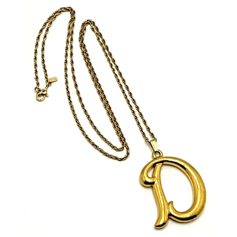 Vintage AVON Monogram D Pendant Necklace Monet Gold Tone Chain Long 30